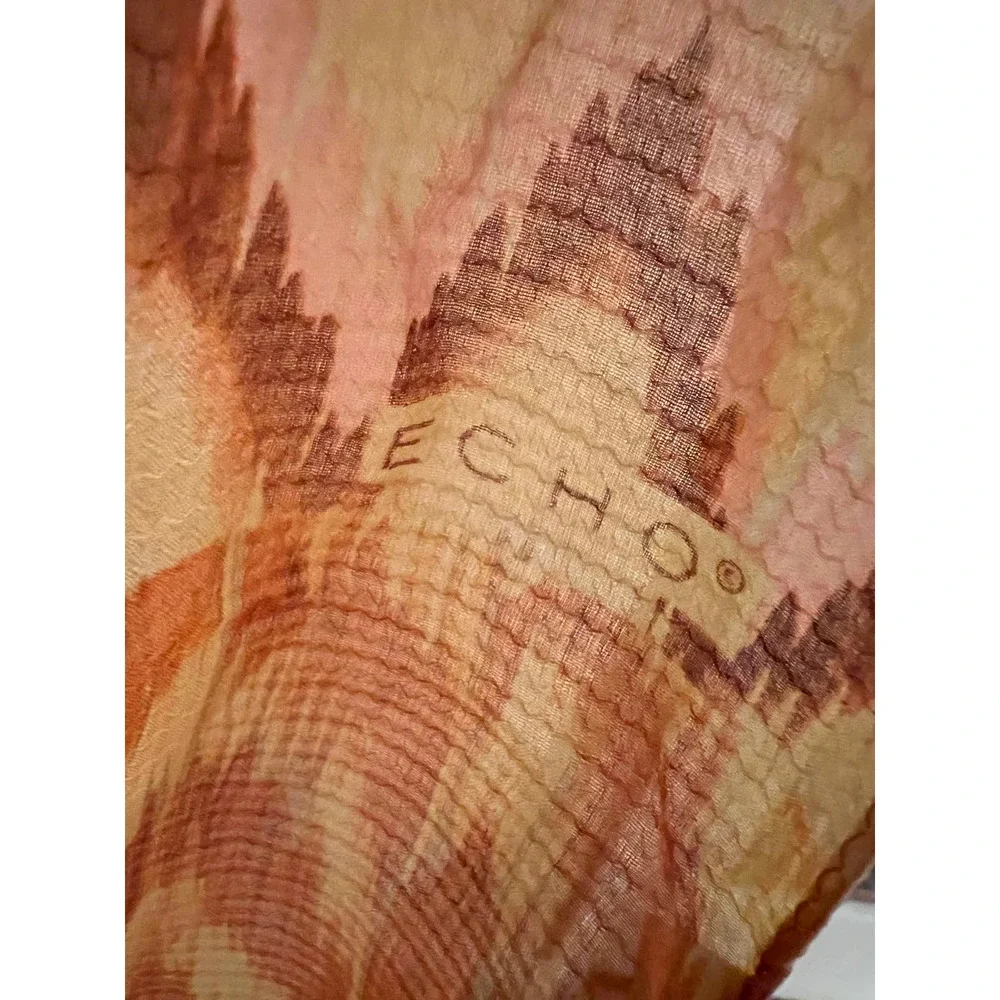 Echo 100% Silk Scarf Chevron Zigzag Print Pink Brown Orange Oblong